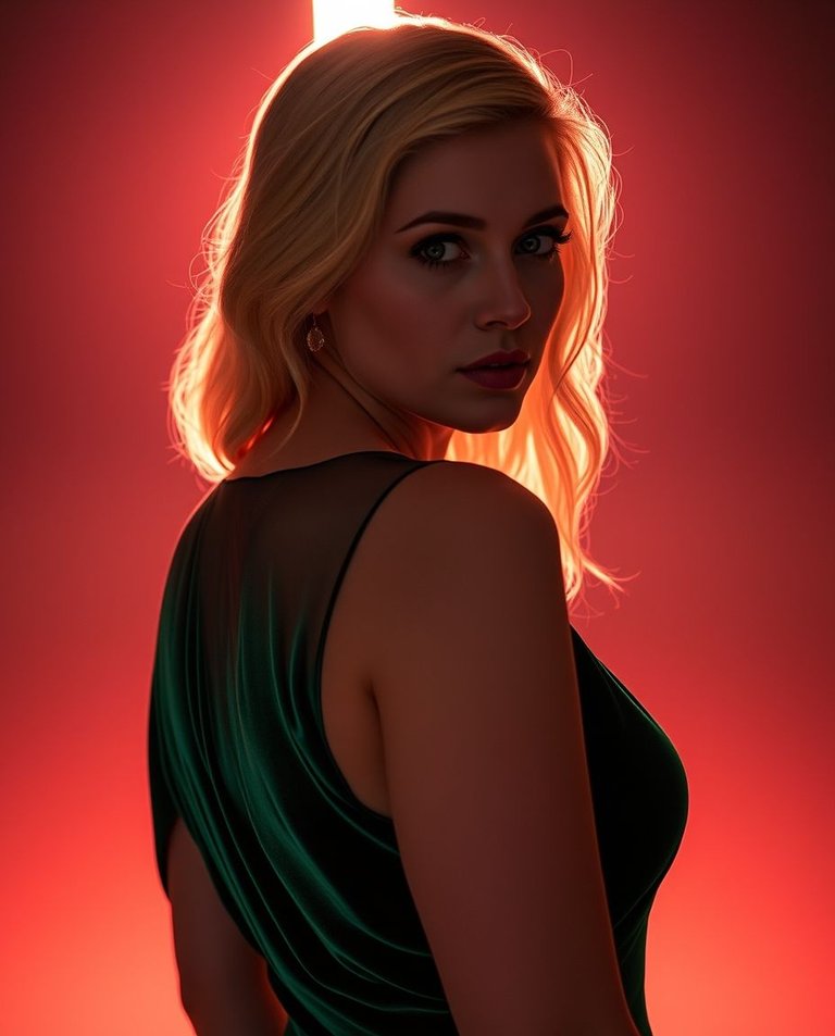 Surreal infrared tones, long exposure photography, silhouetted backlighting, light source behind subject, motion trails, infrared spectrum. Blonde woman, thirties, green eyes, dark green velour gown, exquisite deta.jpg