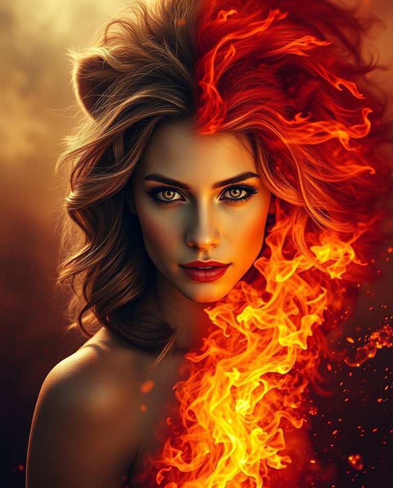 High-contrast photograph, strong hard light. A graceful, elegant woman transforms into a lion on a scorched battlefield, engulfed in molten fire. Her face shifts, showing refined features, hair morphs into a fiery .jpg