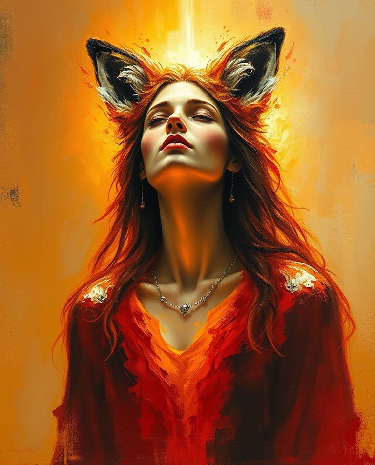 Classic oil painting depicting a woman, once a fox, in warm ethereal colors.  Visible brushstrokes create rich textures. The scene evokes spiritual vibes, with light emanating from the subject and a mystical feelin.jpg