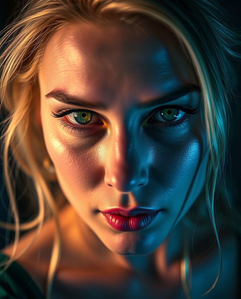 Intense dramatic lighting, iridescent colors, extreme macro close-up, small subject detail, iridescent reflections, high contrast. Blonde woman, thirties, green eyes, dark green velour gown, exquisite detail.jpg