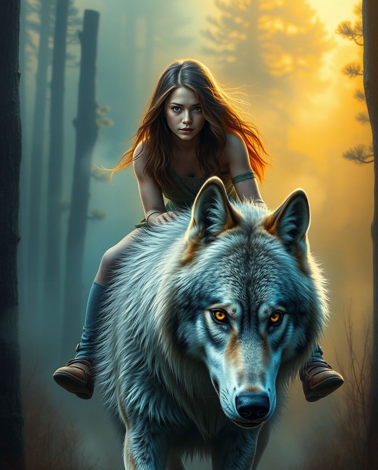 Painting, soft cinematic haze, vibrant complementary colors, secluded forest clearing, woman riding giant silver-gray wolf with piercing yellow eyes, light fur, detailed expressions, lifelike textures, immersive at.jpg