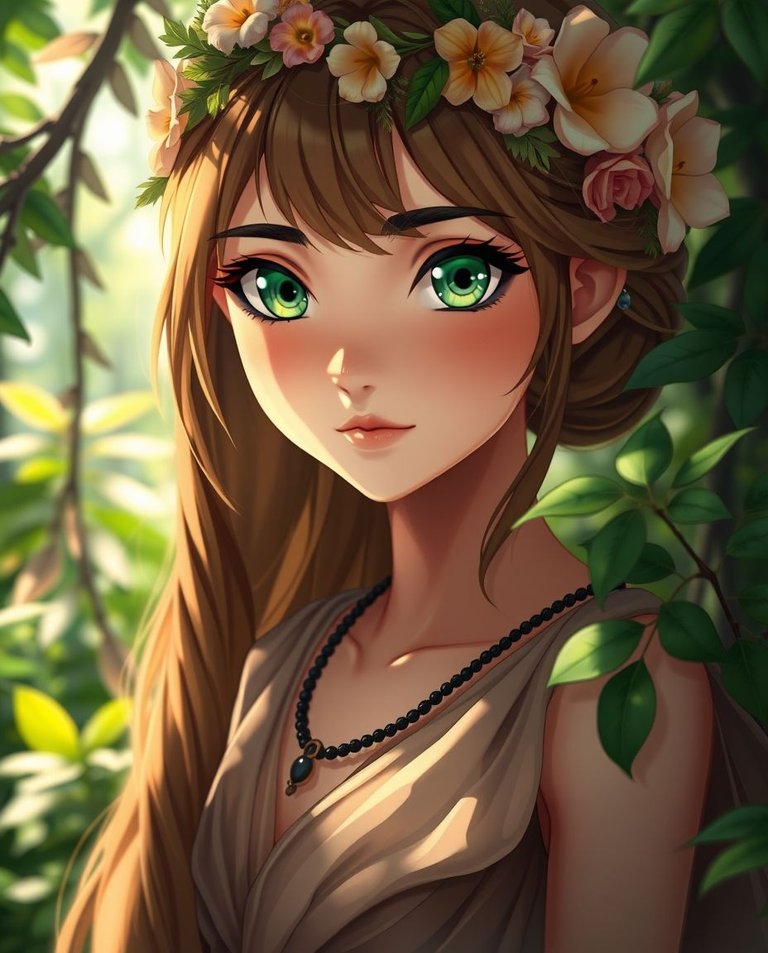 Close-up of a graceful, elegant nymph with refined features, striking green eyes, wearing a diaphanous earth-toned tunic and floral wreath. Lush vibrant forest foliage surrounds her. Anime realism style, cinematic .jpg