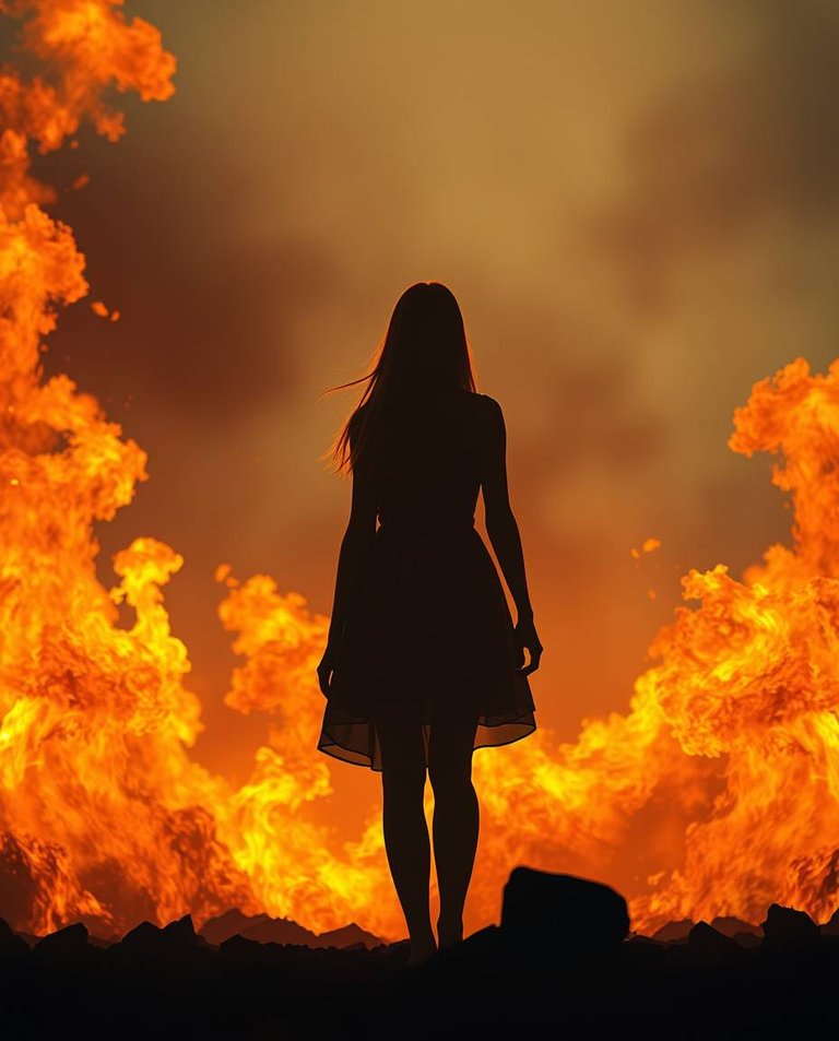 A dreamlike, surreal image depicting an epic scene, a modern future setting, with lens glow lighting. The silhouette of a Ukrainian woman with straight chestnut hair, in a simple dress, stands heroically amidst mas.jpg