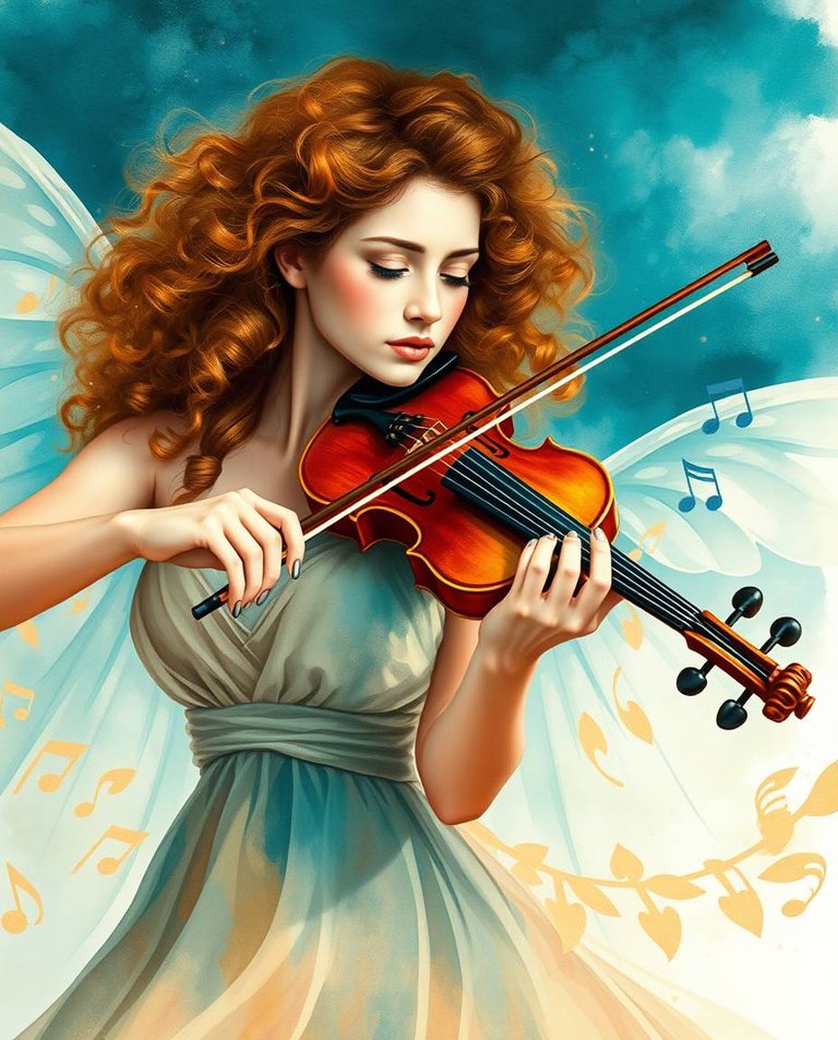 Surreal cinematic portrait, warm terracotta and cool teal watercolor A woman with curly brown hair and porcelain skin plays a wooden violin. Transparent wings shimmer. Her flowing gown swirls. Visible musical notes.jpg