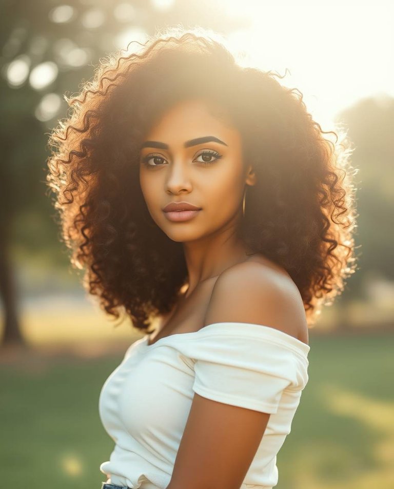 High-resolution stock photo soft cinematic haze. A stunning young woman with voluminous black curls, soft, shiny, and catching the light, wears a white off-shoulder top and jeans. Calm, confident expression, deep e.jpg