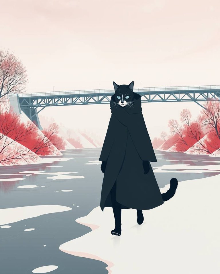 Surreal infrared tones, modern flat design  An anthropomorphic cat-woman in a winter cloak walks on a frozen river's ice.  Simple shapes, infrared color palette, otherworldly feel.  A bridge's steel arches contrast.jpg