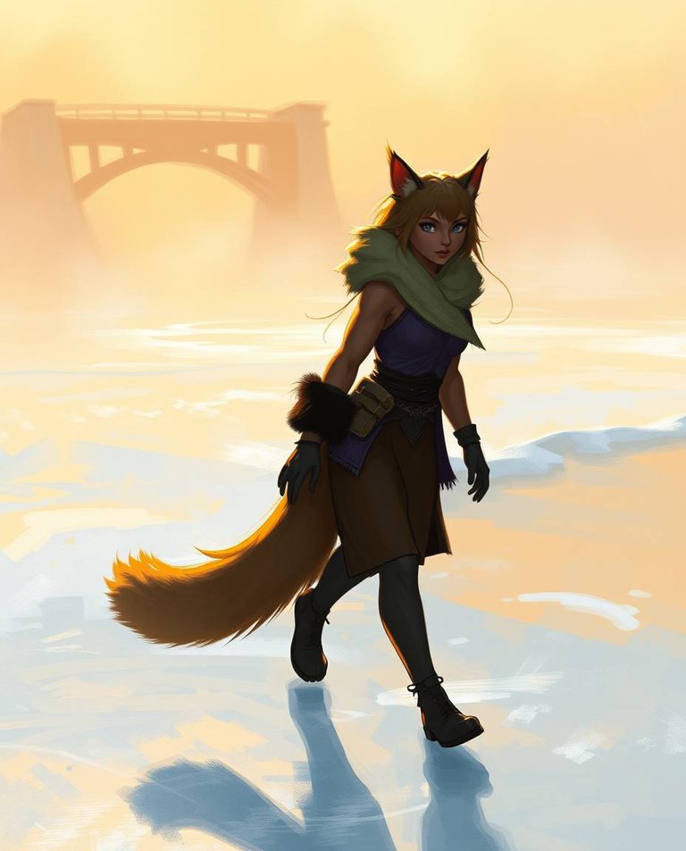 Digital sketch, loose painterly strokes Warm golden hour light.  An anthropomorphic cat-woman with a fluffy tail and graceful features walks on snow-covered ice. A bridge is visible. Complementary epic colors. Mist.jpg