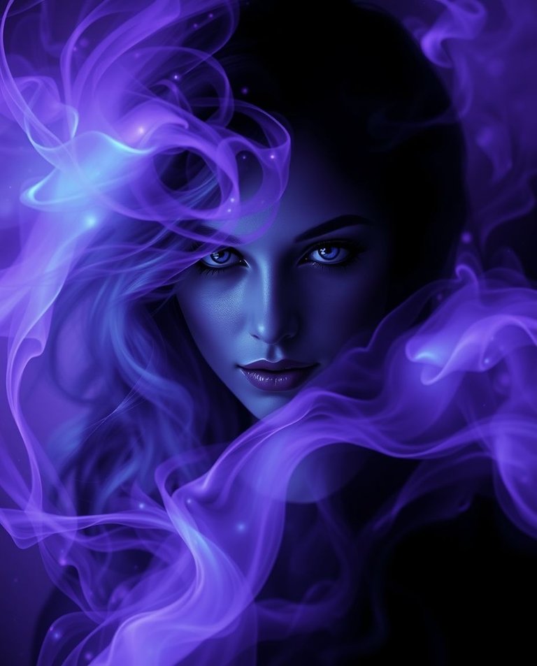 A digital art piece featuring a central feminine silhouette within a swirling iridescent mist.  Her face conveys a mysterious blend of calm and intense energy, with glowing eyes. The scene utilizes a vibrant palett.jpg