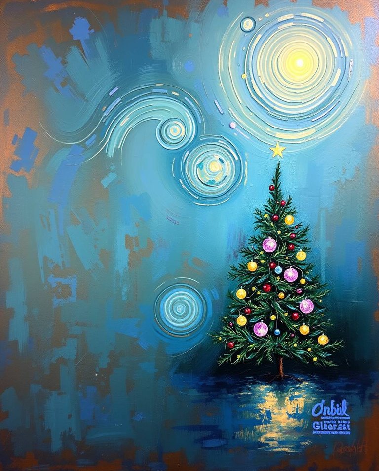 Oil painting, Van Gogh style, cast bronze surface, cool blues, greens, purples, antique patina finish, Christmas tree, magical atmosphere.jpg