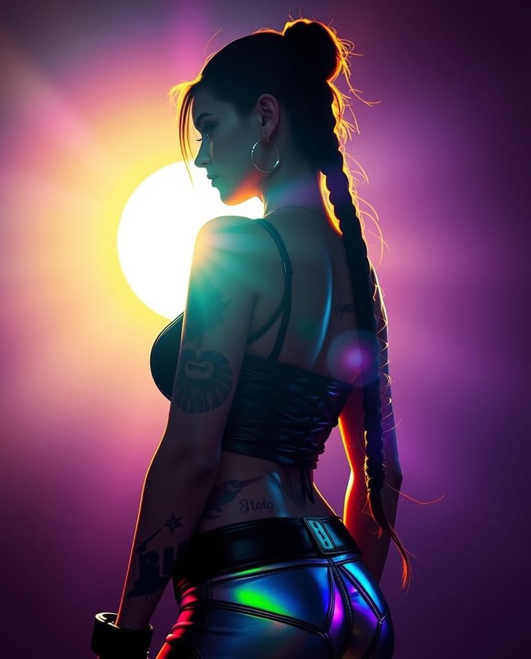 Stop-motion animation using silhouetted backlighting and iridescent colors.  A cyberpunk goddess with a tall, athletic physique, long braids, Chicano tattoos, and a fitted leather top is depicted from a low angle. .jpg