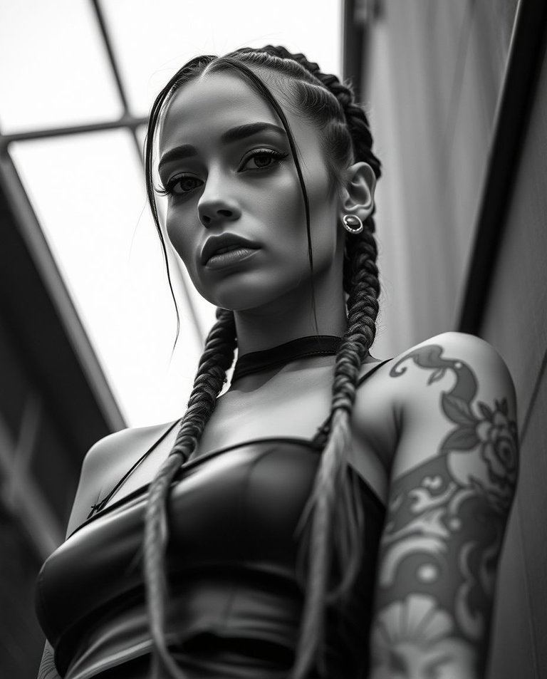 Classic black and white, tight close-up shot, low angle stop-frame cyberpunk goddess. Tall, athletic physique, hip-hop diva pose, Chicano tattoos, long braids, fitted leather top. Fair skin, flawless features, deta.jpg