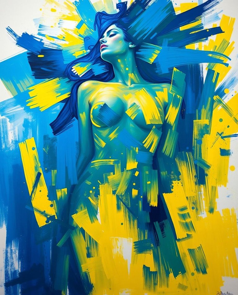 An ethereal, high-contrast, low-key abstract painting. Blue and yellow brushstrokes form the female body, employing dramatic portraits, digital mixed media, and large canvases. Deep shadows and a light aura create .jpg