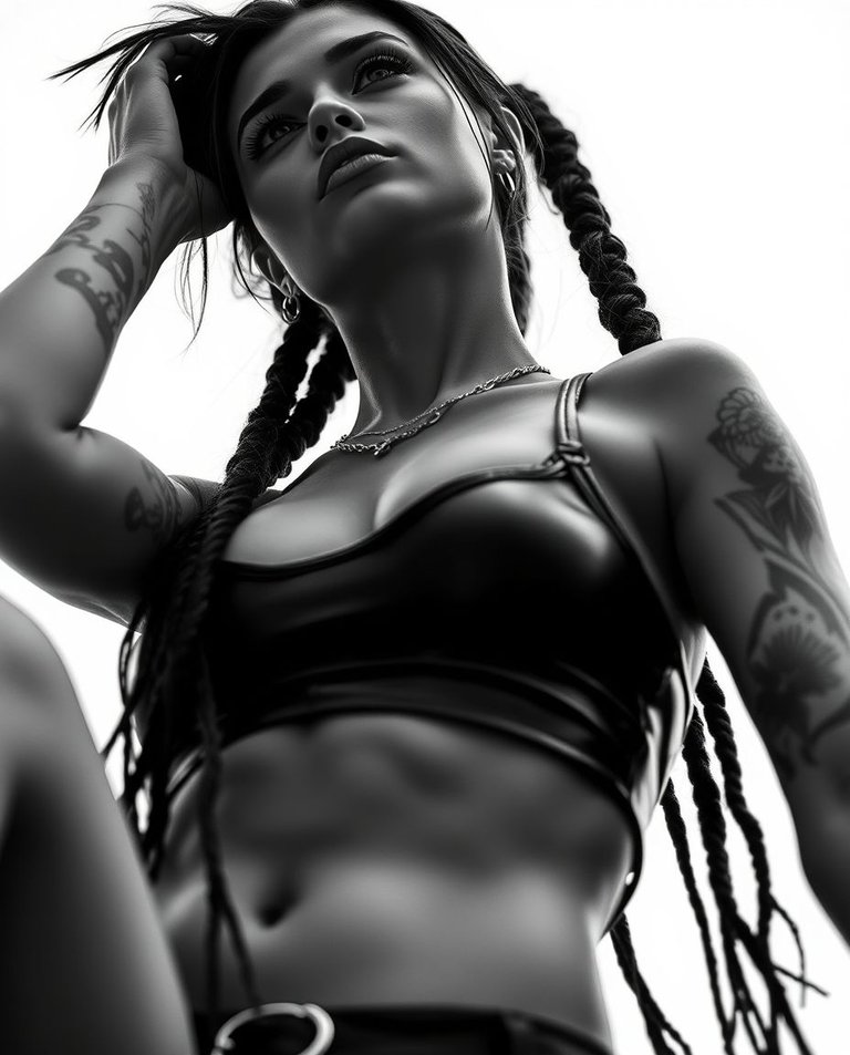 Classic black and white stop-motion cyberpunk goddess, low angle.  Greek athletic physique, hip-hop pose, Chicano tattoos, long braids, leather top. Fair skin, flawless features, dramatic upward gaze. Timeless, ele.jpg