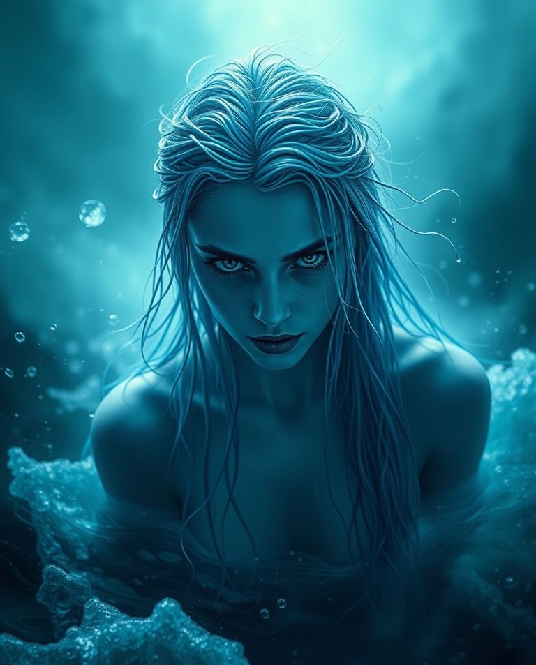 A sea nymph, ethereal and pale, emerges from shadowy depths.  Eerie blue light illuminates her wet hair and haunting eyes, radiating allure and menace. Swirling seawater mists create a majestic yet terrifying atmos.jpg