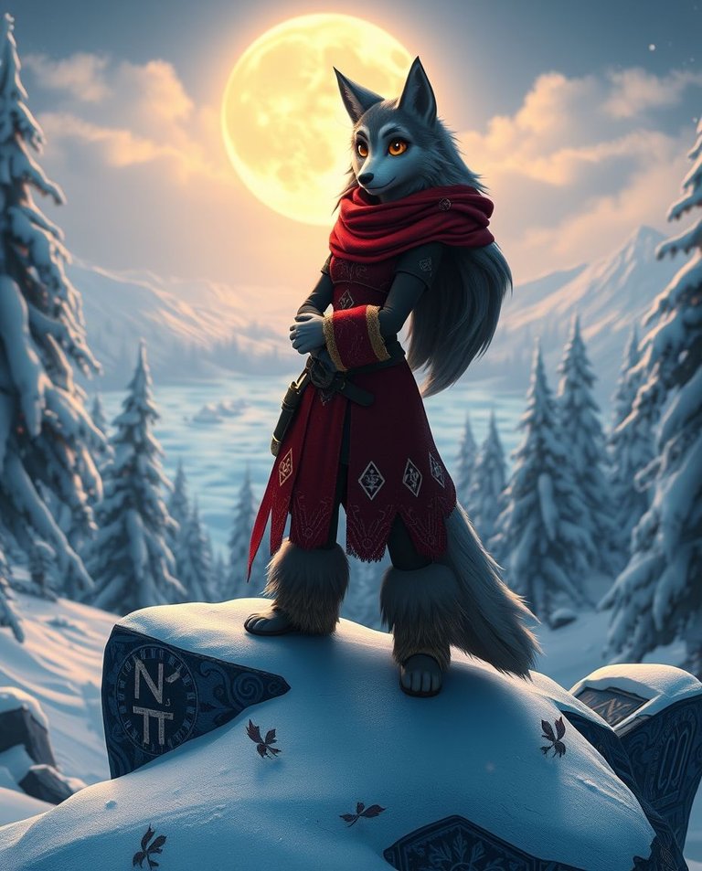 A 3D animated scene of a powerful, wise female wolf-human hybrid.  She stands on a snow-covered rock in a moonlit winter forest, gazing over a frozen landscape.  She wears a crimson tunic with glowing runes and fur.jpg