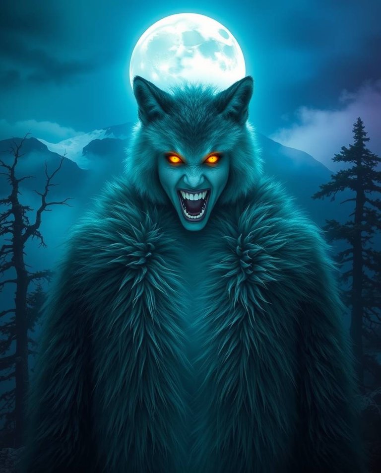 An ethereal image with a spiritual vibe and cool colors. Atop a misty moonlit mountain, an extraordinarily beautiful woman in a luxurious fur coat transforms.  Her coat becomes fur, and she reveals glowing yellow e.jpg