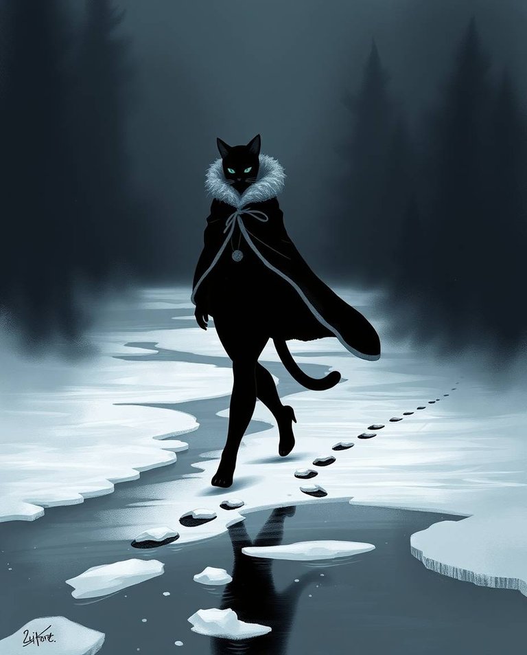 Intense jet black artwork depicting an anthropomorphic cat-woman walking on a frozen river. Her elegant silhouette, warm cloak, and paw prints are visible against the snow. Pure black, deep shadows emphasize her gr.jpg