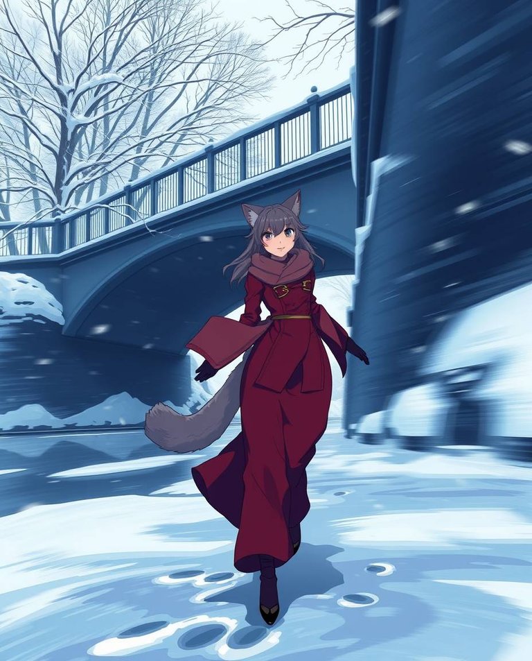 Isekai anime style, dynamic motion Rich burgundy and deep blue color scheme. An anthropomorphic cat-woman with fluffy tail and graceful features walks delicately on snow-covered ice, leaving paw prints. A bridge co.jpg