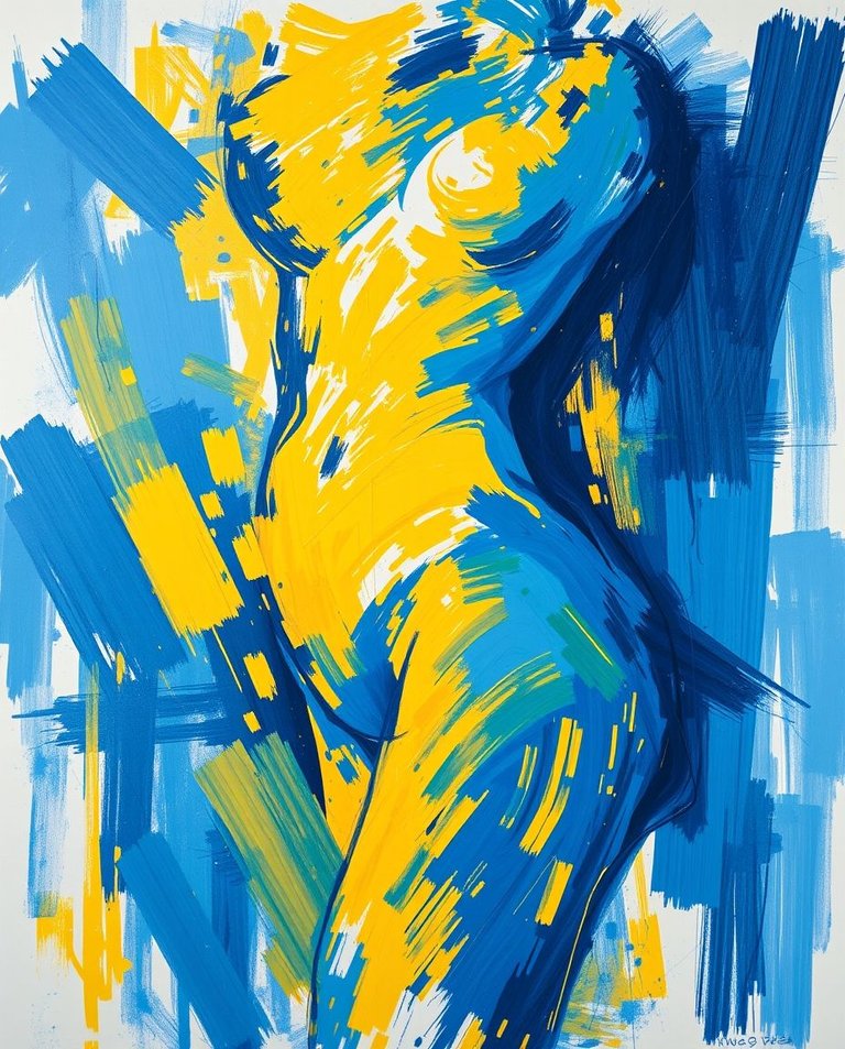 An abstract painting with intense dramatic lighting, where brushstrokes symbolize the female body in blue and yellow. The style combines dramatic portraits, digital mixed media, and minimalist pen drawings creating.jpg