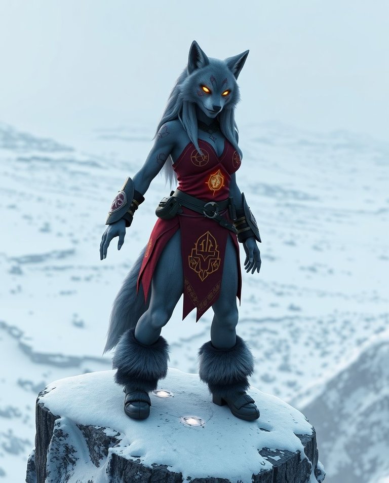 3D rendered image of a powerful female anthropomorphic wolf with scarred skin and glowing golden eyes. She wears a crimson tunic with glowing runes and fur boots, standing on a snow-covered rock overlooking a froze.jpg