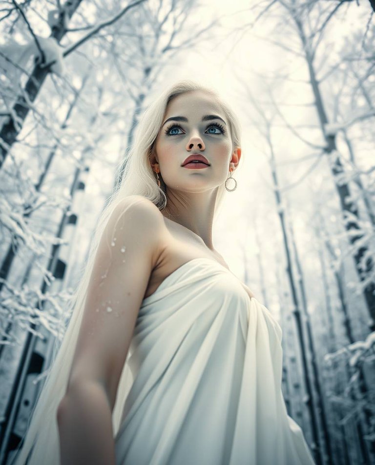 Low angle perspective, surreal infrared tones. A stunning winter goddess, tall and slender, with icy-blue eyes, triangular face, thin lips, and small nose, stands in a snow-covered forest. Her platinum-blonde hair .jpg