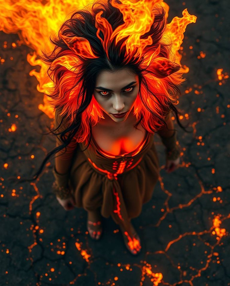 High angle perspective. A woman with dark hair transforming into a lion stands in a scorched battlefield. Molten liquid fire engulfs her, pulsing and dripping lava. Fierce lion features emerge, hair a raging infern.jpg