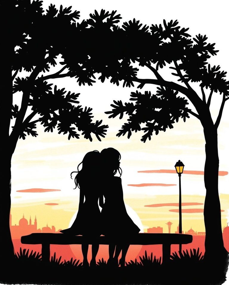 Hand-drawn color sketchnote, adorable and cute style. Two charming silhouetted women on a bench at sunset, overlooking a cityscape. Simple shapes,  sunset colors,  charming features.jpg