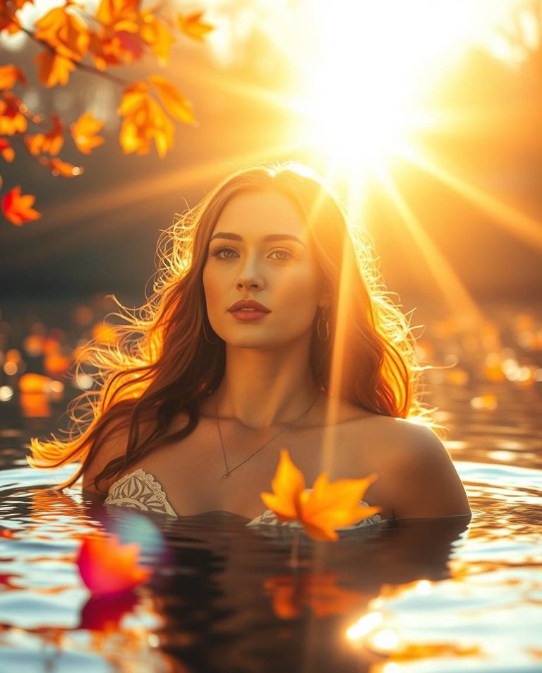 Bright lens flare with warm golden glow An autumn goddess with radiant features glides across a lake. Vibrant colors radiate from the warm glow of the sun. Autumn leaves in red, amber, and yellow tones fall, creati.jpg