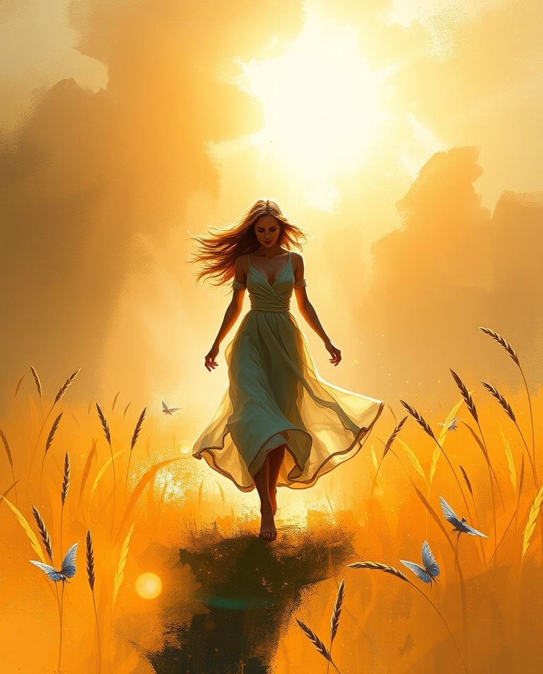 A dynamic digital sketch of a beautiful woman walking through a sunlit field, golden sparkles trailing behind her.  Warm golden glow, complementary epic colors, misty atmosphere, loose painterly strokes. Focus on r.jpg