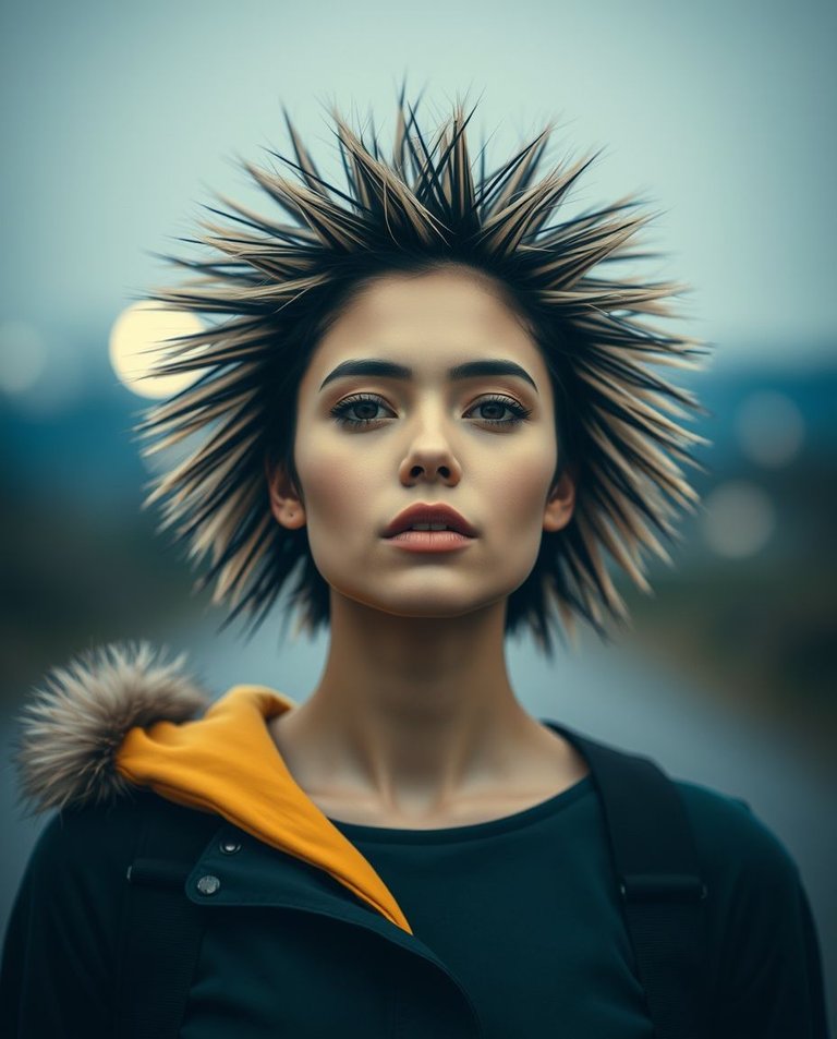 A modern flat design image featuring a woman with spiky hedgehog-like hair, centered in the frame.  Use a raw photo aesthetic with cinematic coloring, blurred bokeh background, negative contrast, and vivid colors. .jpg