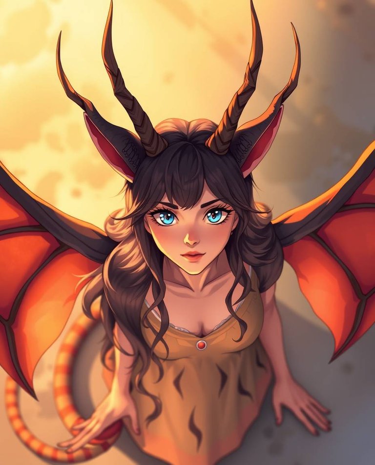 Illustration, warm golden hour light, bird’s eye view. Woman with blue eyes, dragon wings, feline tail, antelope horns. Top-down perspective, soft light.jpg