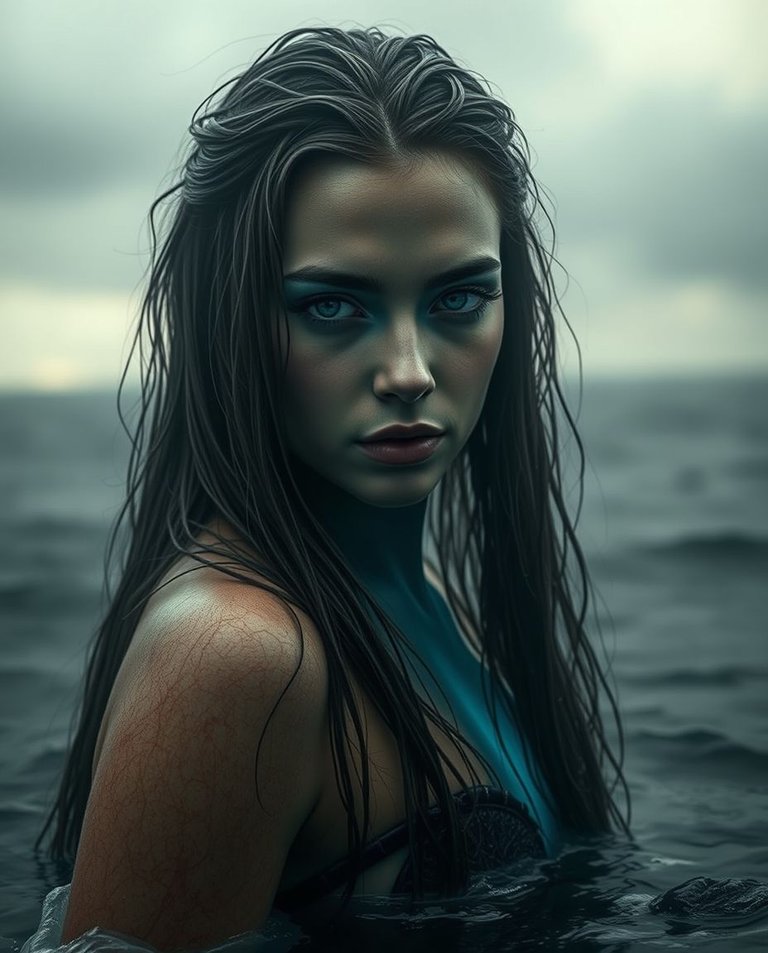 A sea nymph, her figure faintly lit by an eerie blue glow, rises from the depths.  Her long, wet hair frames a beautiful yet intense face, her eyes reflecting ocean depths.  Hazy, soft light and stormy skies create.jpg