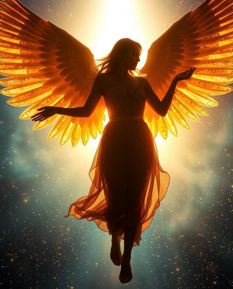 Silhouetted celestial angel, backlighting creating a warm golden glow, gliding through iridescent gas and shimmering stardust.  Angel's attire and wings are stardust, shifting and shimmering.  Mature woman with del.jpg