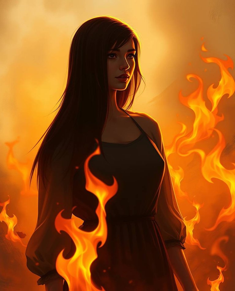 A digital painting depicting a silhouette of a Ukrainian woman with straight chestnut hair, wearing a simple dress, engulfed in warm golden hour light and autumnal colors, flames dancing around her, yet she remains.jpg