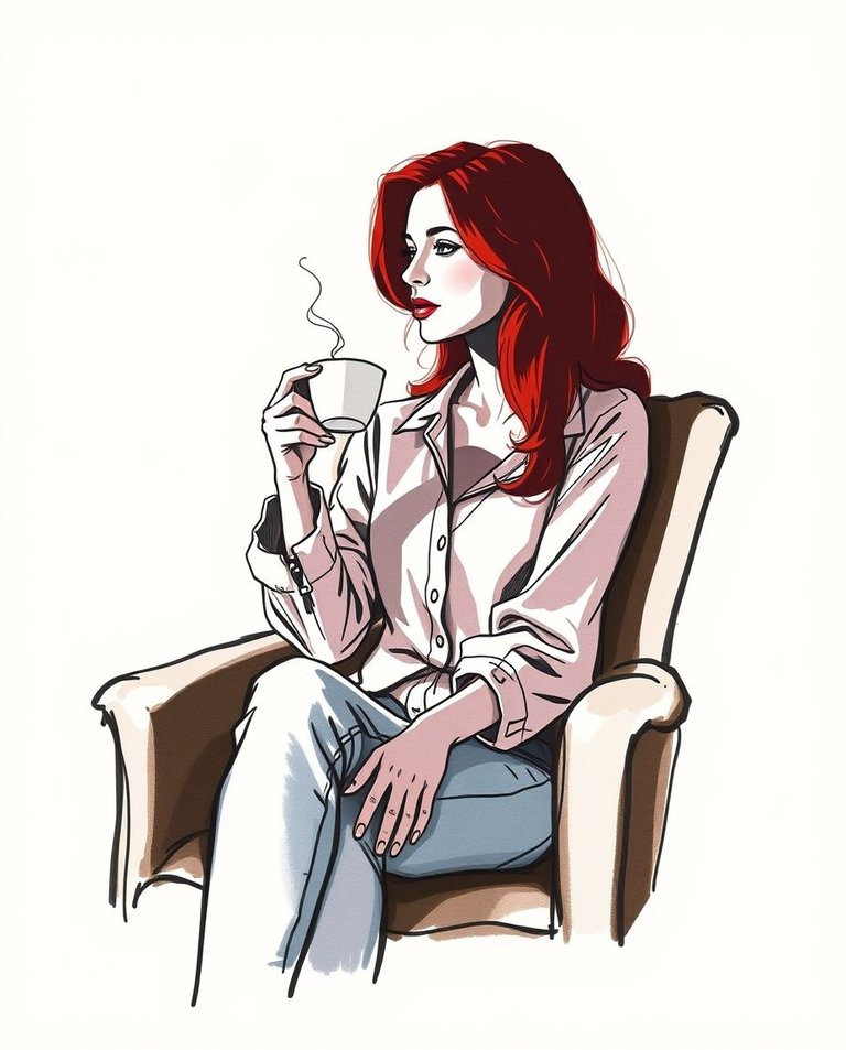 Color sketchnote style hand-drawn sketch, intense black silhouette of a serene red-haired woman, early 30s, in a cream background. She sits in a velvet armchair, light blouse and jeans, sipping coffee from a delica.jpg