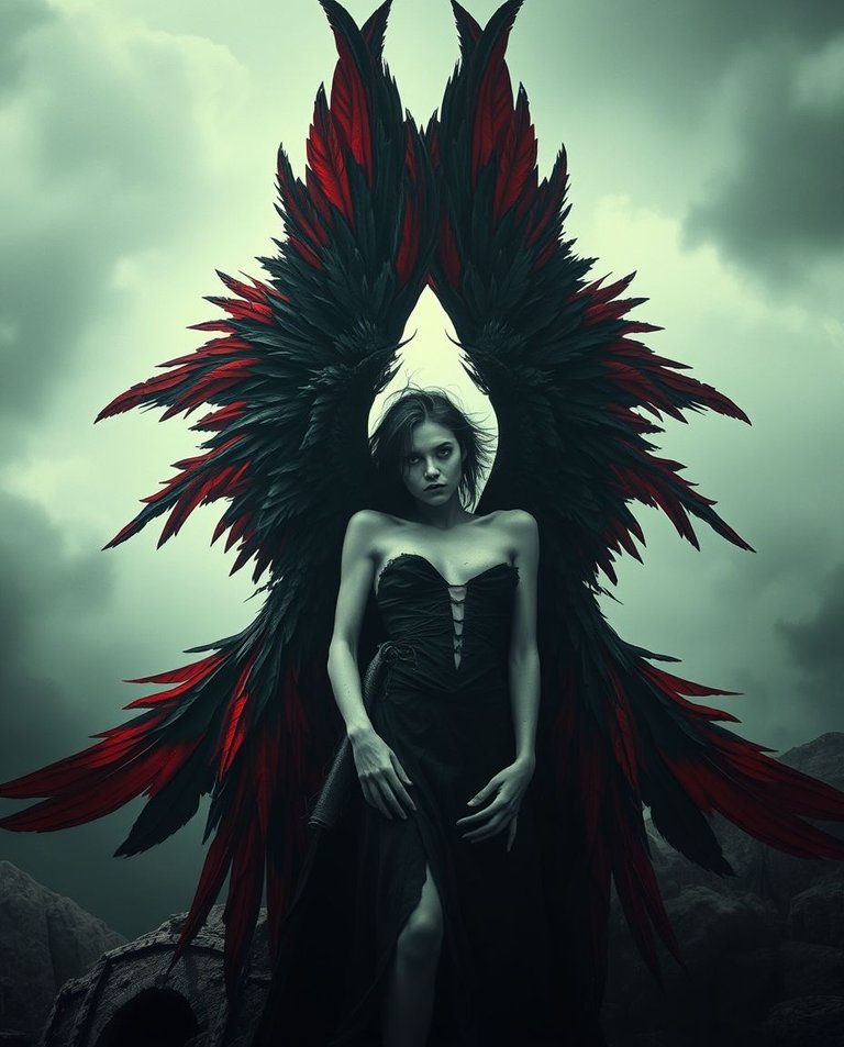 High contrast, low-key lighting, dreamlike surreal imagery. A fallen angel, pale skin, dark red and black wings, piercing eyes, amidst a ghostly ancient landscape. Deep, rich colors, intricate feather details, myst.jpg