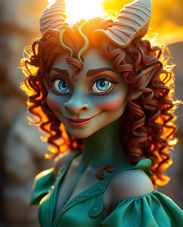 Warm golden hour light, sculpted papier-mâché texture. Dragon woman with striking blue eyes, long curly brown hair, fair skin, joyful smile, wearing an emerald green gown. Full-body portrait, vibrant colors, daytim.jpg