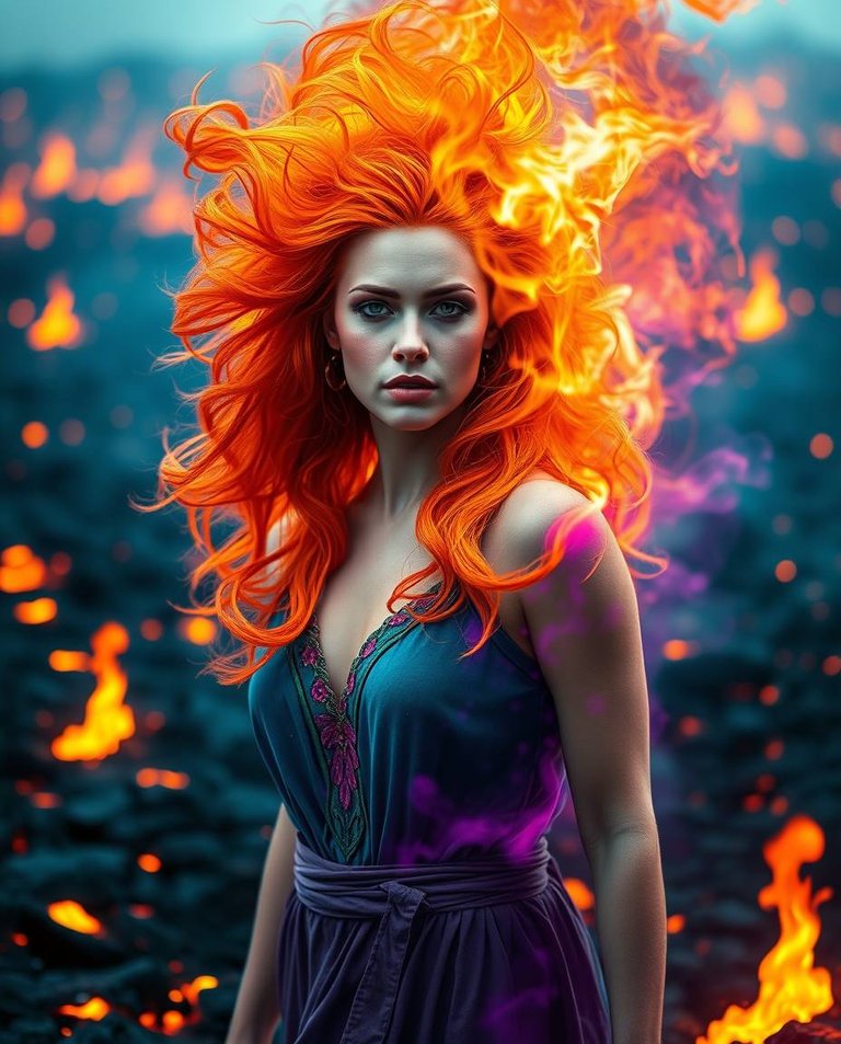 A woman with fiery orange hair transforming into a lion, amidst a scorched battlefield, engulfed in molten lava.  Blues, greens, and purples accentuate the scene, with a warm candlelight bokeh effect.  Sharp focus .jpg