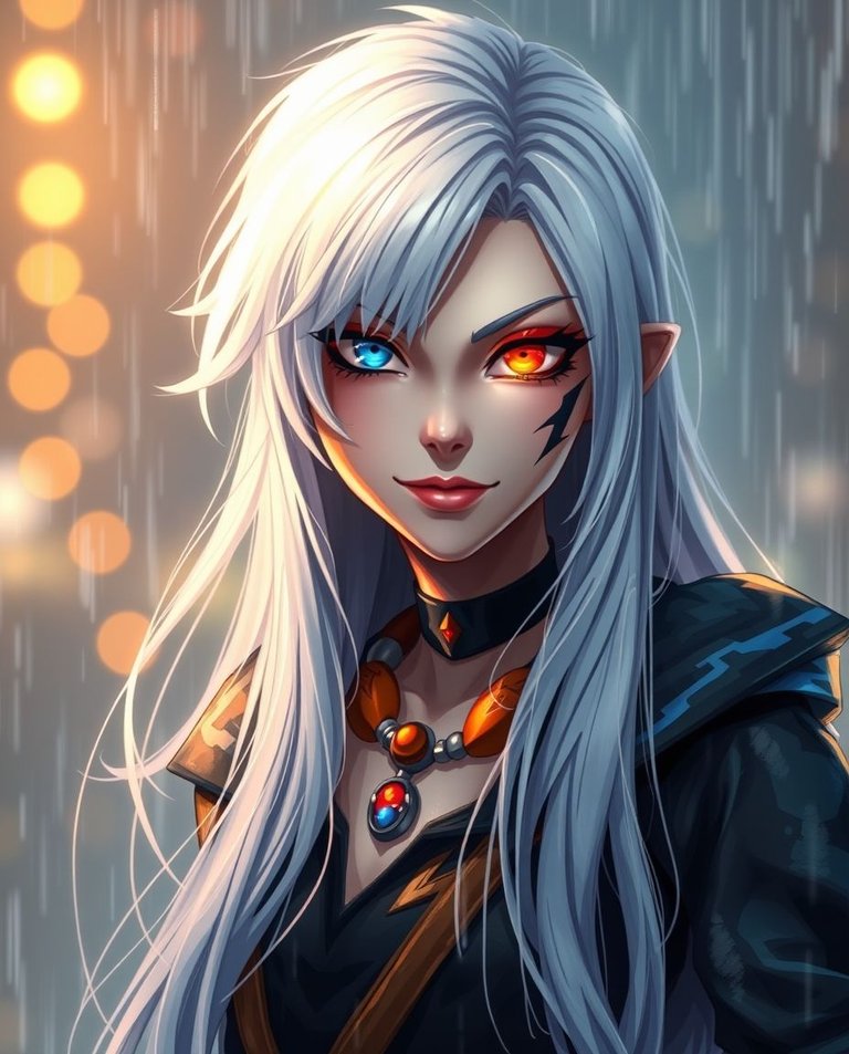 A digital painting, blurred bokeh effect, wet rainy scene.  A stunning female character with long, stylized white hair, light skin, one deep blue eye, one glowing amber-orange eye, and a confident, mischievous smir.jpg