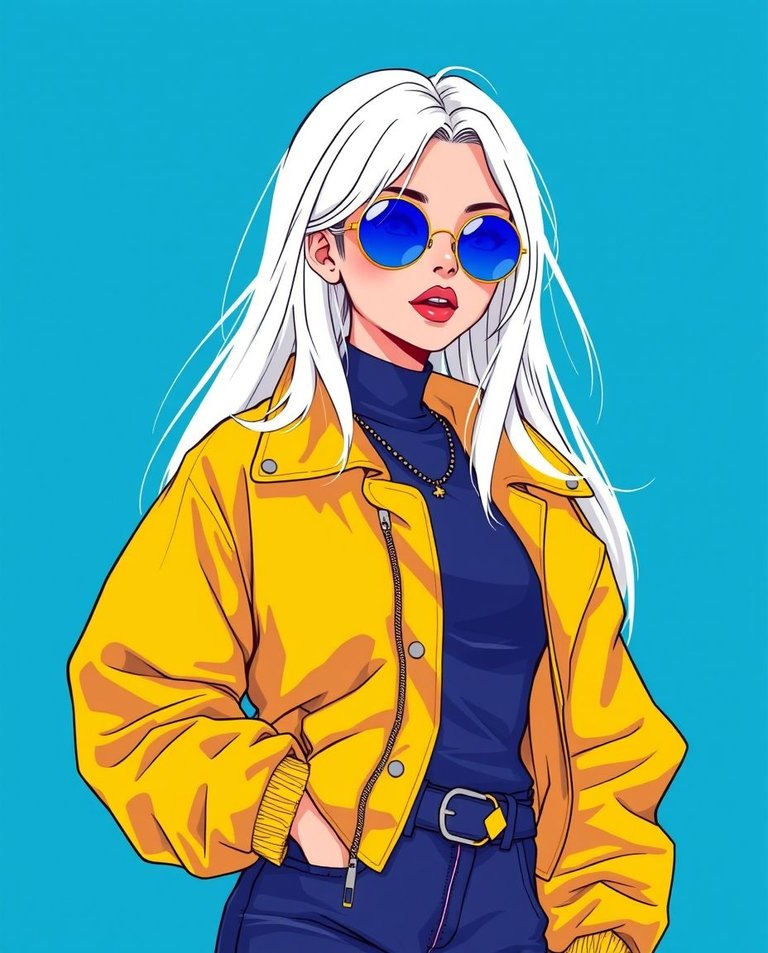 A stylish anime woman with long white hair, round blue sunglasses, and a vibrant yellow oversized jacket, stands against a bold blue background.  The illustration is in a retro-futuristic 80s anime style with pop-a.jpg