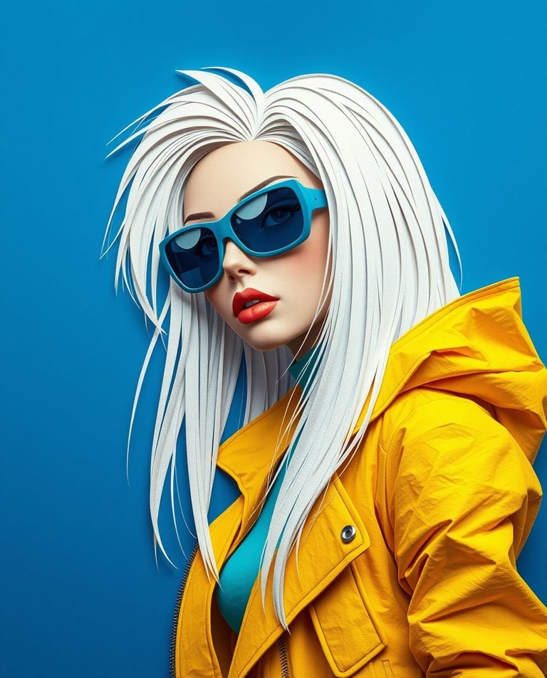 Layered papier-mâché artwork, epic futuristic scene, anime-style woman with long white hair, blue sunglasses, oversized yellow jacket, bold blue background, sharp lines, high contrast, retro-futuristic 80s anime st.jpg