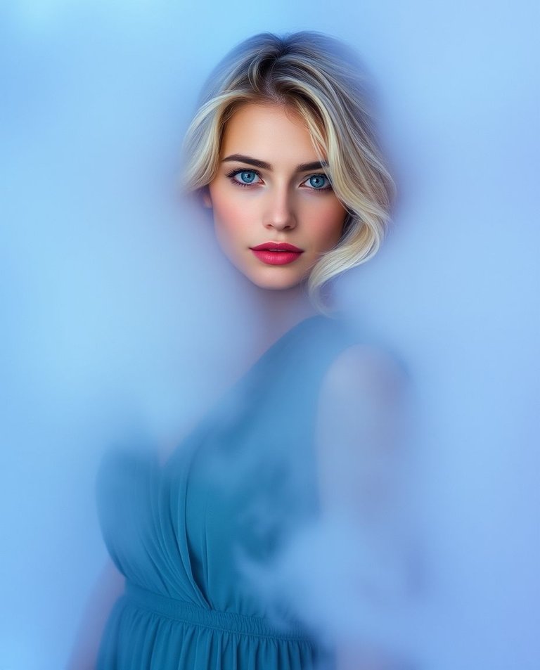 Unusual fine art photography, soft contrast, soft saturation, cool and warm tones. A woman with light hair and gray eyes, in a long dress, dissolves into mist, blues, greens, purples, editoria.jpg