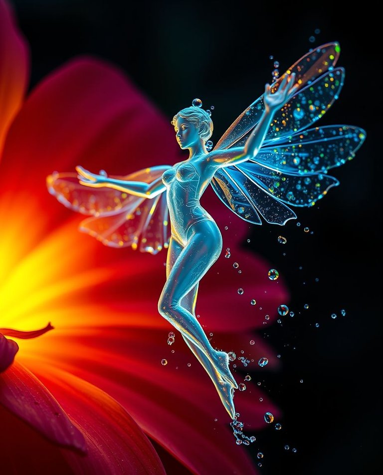 High-resolution image of a winged water droplet woman, frozen mid-air, near a vibrant flower. Her transparent form glows with bioluminescent colors, tiny water splashes forming wings. Natural light effects, vibrant.jpg