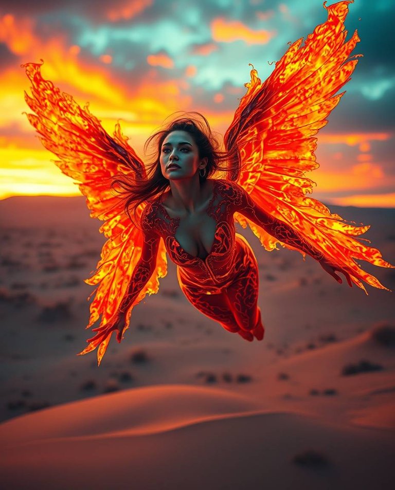 A mesmerizing winged woman made of liquid fire, with facial features resembling Lily-Rose Depp, gracefully soars through a surreal landscape. Vibrant complimentary colors create contrasting and balanced tones, emph.jpg