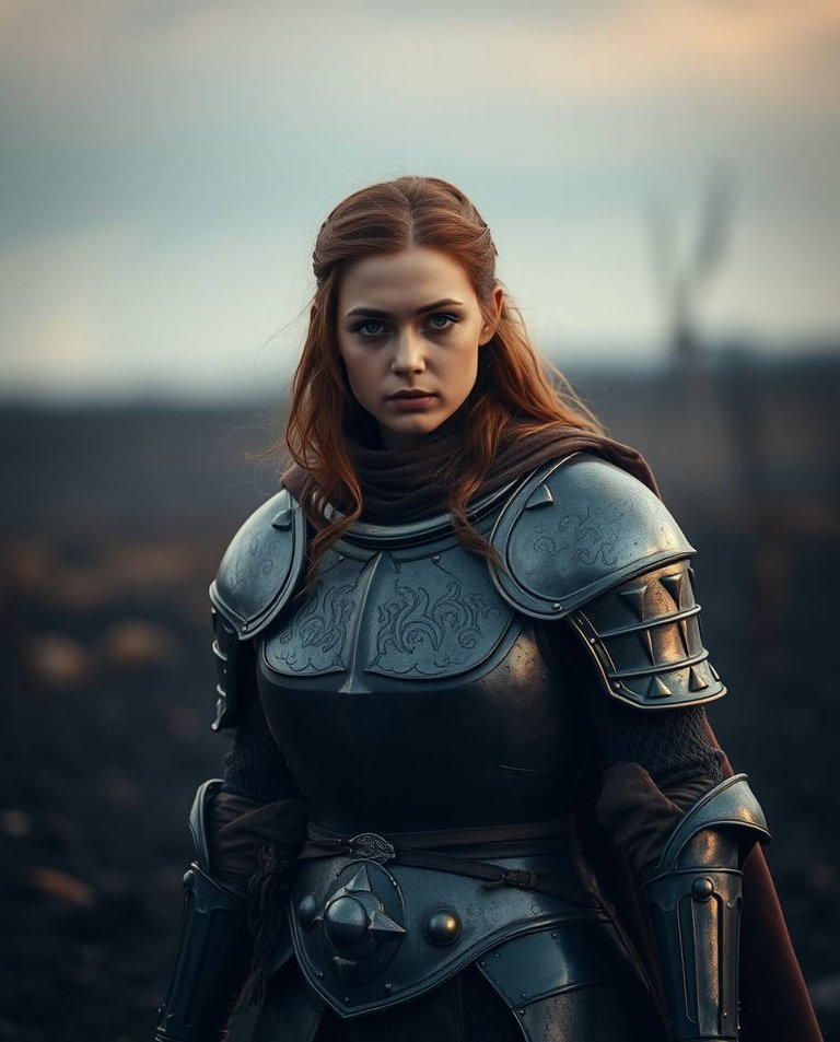 Professional photography, tight close-up shot, unusual fine art style. Warm, slightly dark, soft tones.  Female knight in dented armor walking slowly through a dark, desolate landscape. Soft contrast, soft saturati.jpg