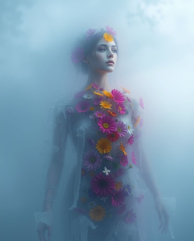 An ethereal female figure, frozen in ice and covered in vibrant flowers, is surrounded by thick fog.  Low visibility enhances the spiritual vibe, a soft light aura creating a mystical feeling.  Colors are muted, wi.jpg