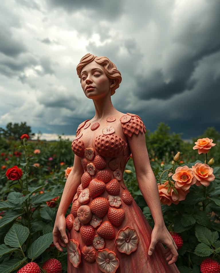 Sculptural clay art depicting a woman formed from strawberry-like pieces in a garden under a dramatic stormy sky, modeled shapes, textured surface, high contrast, intense weather.jpg