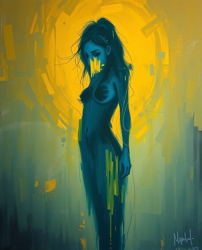 Eerie, creepy atmosphere, warm golden hour light, cool colors. Abstract painting, blue and yellow, female body symbolized by brushstrokes. Blues, greens, purples, soft light, dark tones, unsettling details.jpg