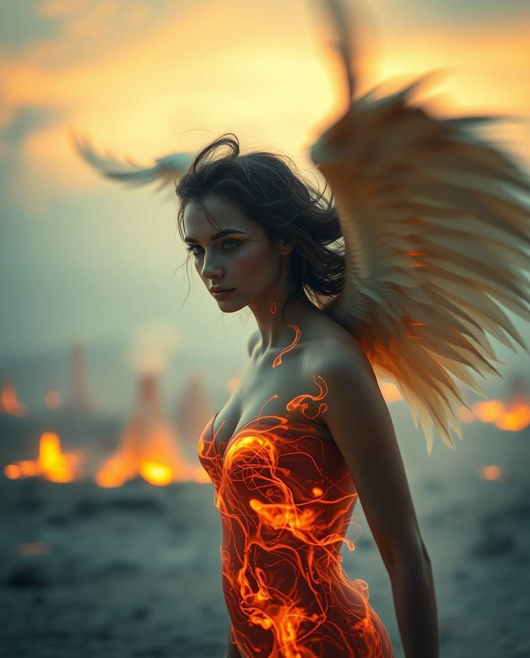 Long exposure photography, soft cinematic haze, soft focus, hazy background. Winged woman, fiery liquid form, Lily-Rose Depp-esque features, motion blur. Glowing desert, molten geysers, fiery sky.jpg