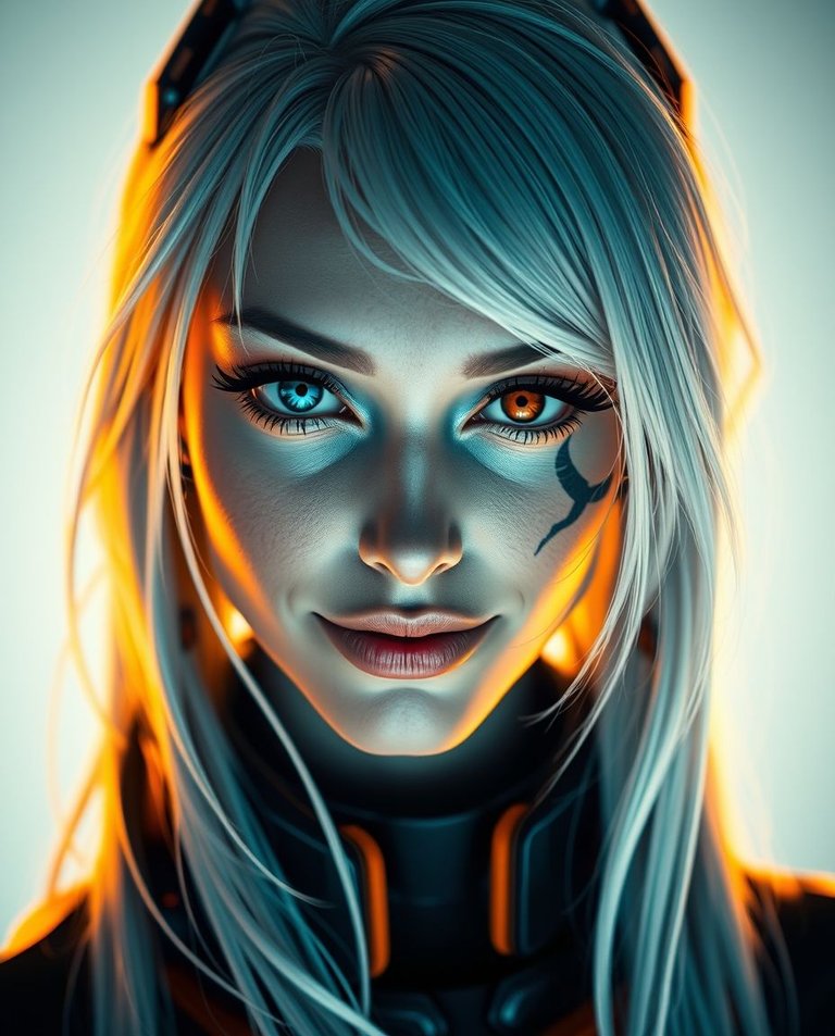 Rich deep teal futuristic sci-fi style portrait. A light-skinned female with long, white, stylized hair, one blue eye, one amber-orange eye, a black facial tattoo, and a mischievous smirk.  She wears black and oran.jpg